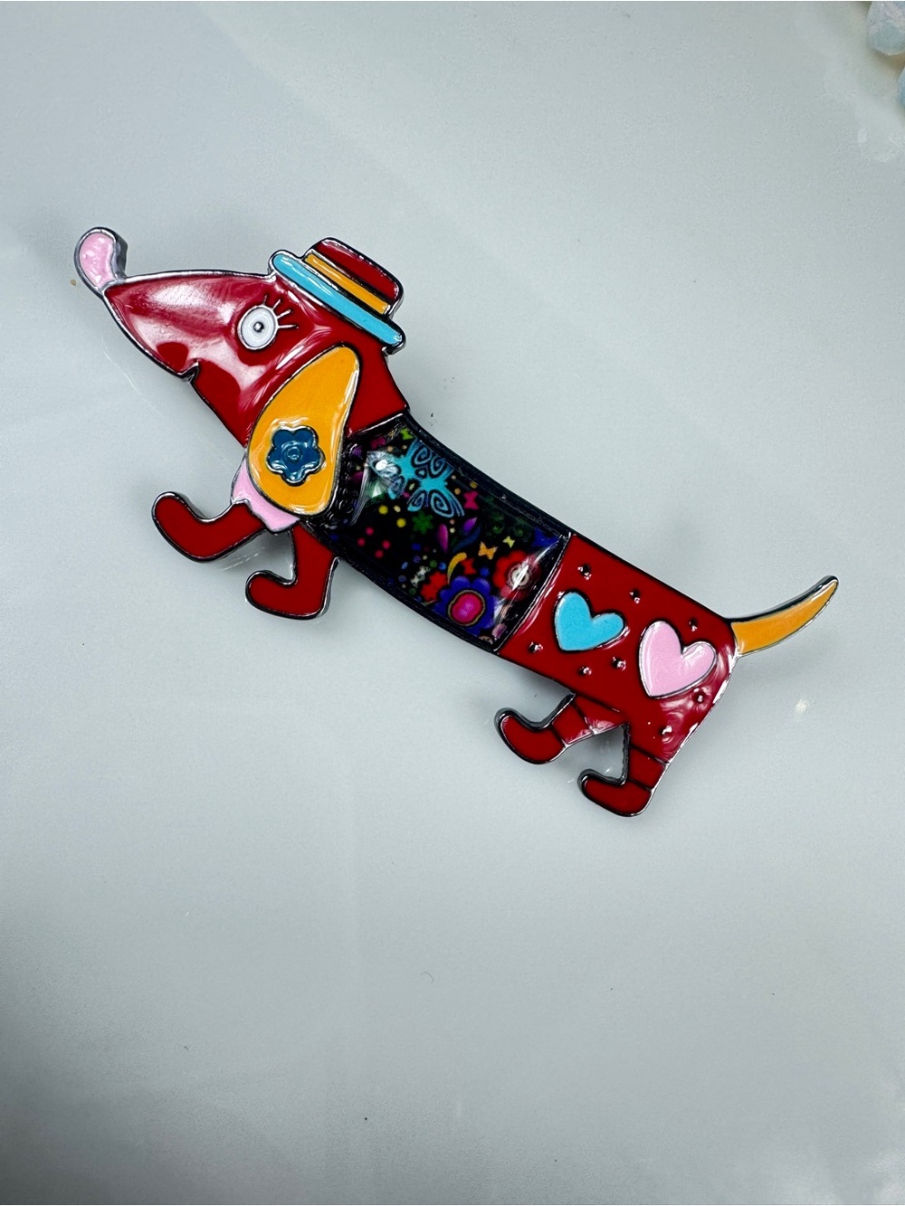 Colorful Red Dachshund Dog Brooch - Multicolor Heart Accents